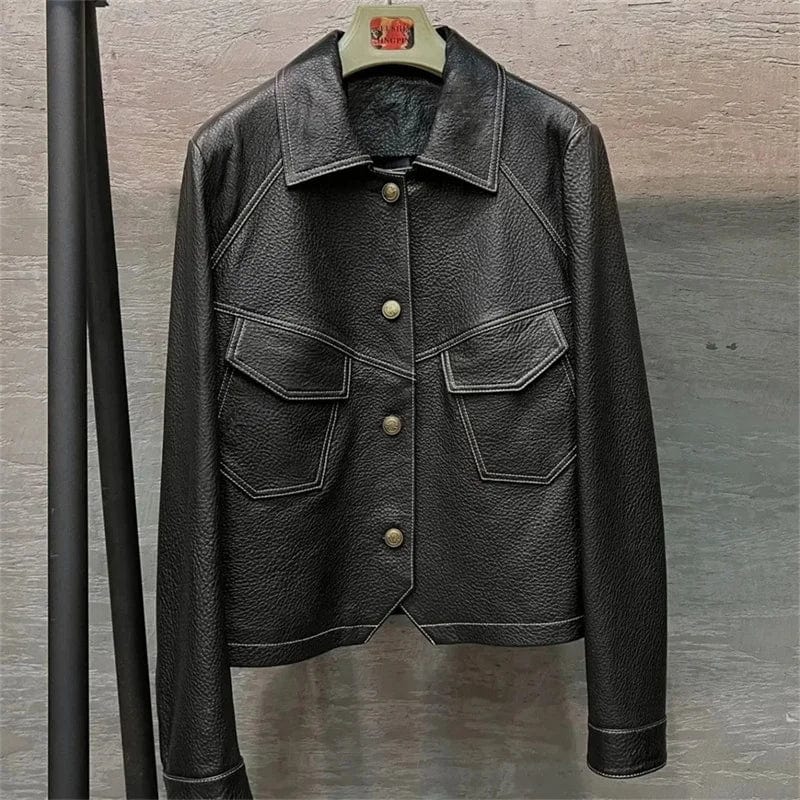 Eleganza Italiana High-End Brown Women Bike Coat PU Leather Outwear Button Outfit Spring Autumn Women Fashion Short Thin Female Jacket Black 2023 Streetwear high fashion shein amazon temu target Walmart online