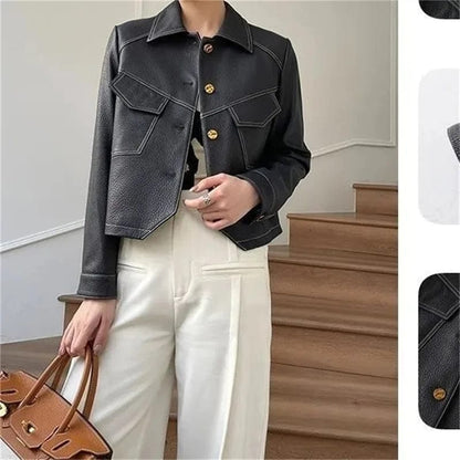 Eleganza Italiana High-End Brown Women Bike Coat PU Leather Outwear Button Outfit Spring Autumn Women Fashion Short Thin Female Jacket Black 2023 Streetwear high fashion shein amazon temu target Walmart online