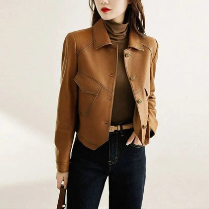 Eleganza Italiana High-End Brown Women Bike Coat PU Leather Outwear Button Outfit Spring Autumn Women Fashion Short Thin Female Jacket Black 2023 Streetwear high fashion shein amazon temu target Walmart online