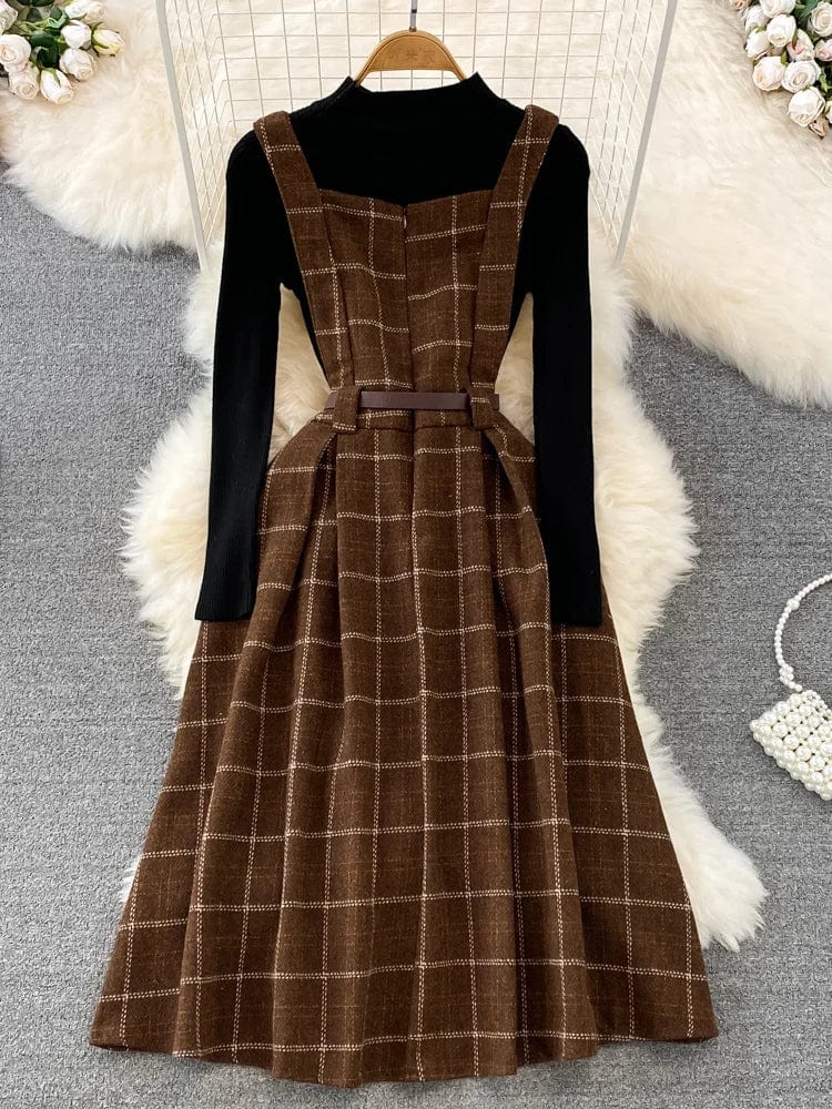 Eleganza Italiana High Quality Fall Winter Women Sweater Overalls Dress Sets Casual Knitted Tops +Plaid Woolen Dress 2 Piece Sets Outfits Female Streetwear high fashion shein amazon temu target Walmart online