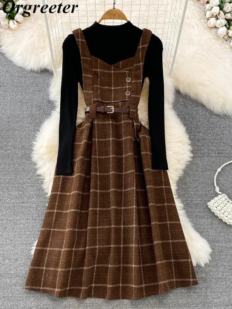 Eleganza Italiana High Quality Fall Winter Women Sweater Overalls Dress Sets Casual Knitted Tops +Plaid Woolen Dress 2 Piece Sets Outfits Female Streetwear high fashion shein amazon temu target Walmart online