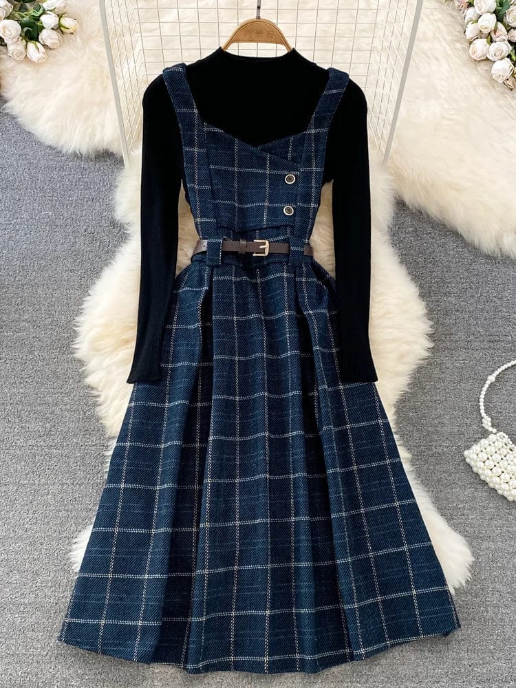 Eleganza Italiana High Quality Fall Winter Women Sweater Overalls Dress Sets Casual Knitted Tops +Plaid Woolen Dress 2 Piece Sets Outfits Female Streetwear high fashion shein amazon temu target Walmart online