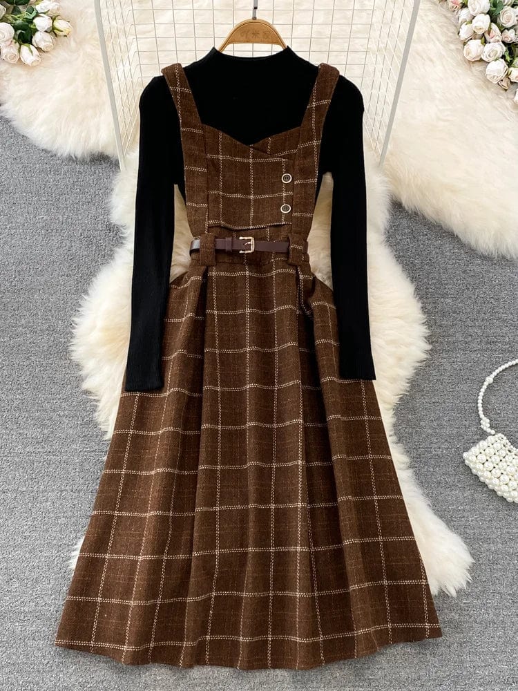 Eleganza Italiana High Quality Fall Winter Women Sweater Overalls Dress Sets Casual Knitted Tops +Plaid Woolen Dress 2 Piece Sets Outfits Female Streetwear high fashion shein amazon temu target Walmart online