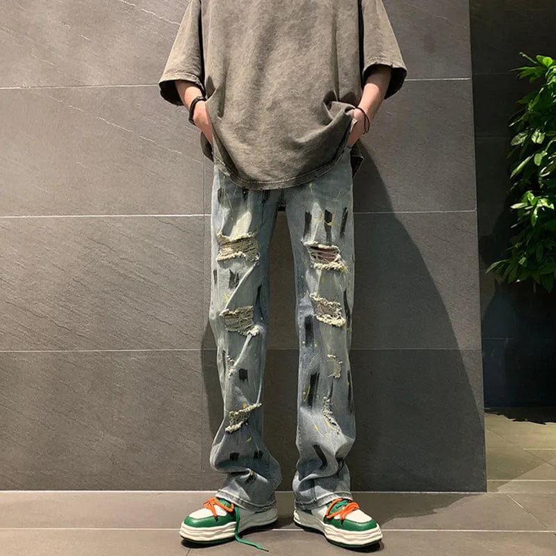 Eleganza Italiana High Street Vibe Splash Ink Graffiti Jeans Y2k Harajuku Fashion Casual Tide Straight Leg Jeans Men Fall Thin Beggar Ripped Pants Streetwear high fashion shein amazon temu target Walmart online