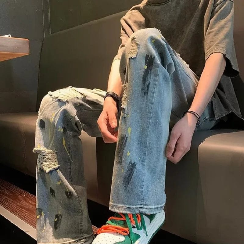 Eleganza Italiana High Street Vibe Splash Ink Graffiti Jeans Y2k Harajuku Fashion Casual Tide Straight Leg Jeans Men Fall Thin Beggar Ripped Pants Streetwear high fashion shein amazon temu target Walmart online