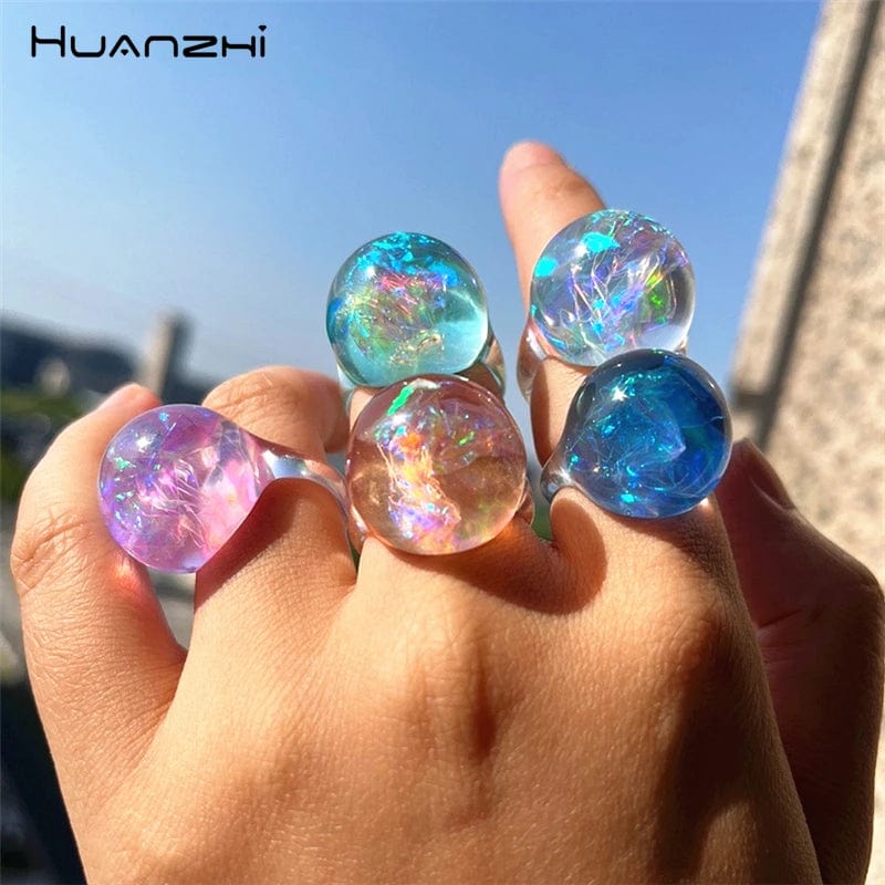 Eleganza Italiana HUANZHI Colorful Transparent Resin Ring Bling Shine Geometric Star Ball Rings for Women Girls Cute Y2K Summer New Jewelry Streetwear high fashion shein amazon temu target Walmart online