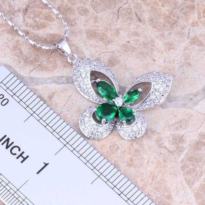 Eleganza Italiana Incredible Butterfly Green Cubic Zirconia White CZ Silver Plated Earrings Pendant Necklace Jewelry Sets S0731 Streetwear high fashion shein amazon temu target Walmart online