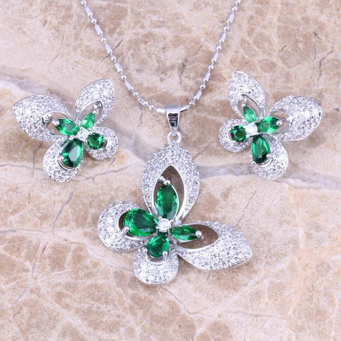 Eleganza Italiana Incredible Butterfly Green Cubic Zirconia White CZ Silver Plated Earrings Pendant Necklace Jewelry Sets S0731 Streetwear high fashion shein amazon temu target Walmart online