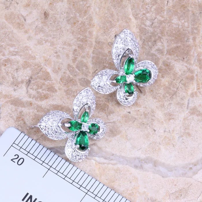 Eleganza Italiana Incredible Butterfly Green Cubic Zirconia White CZ Silver Plated Earrings Pendant Necklace Jewelry Sets S0731 Streetwear high fashion shein amazon temu target Walmart online