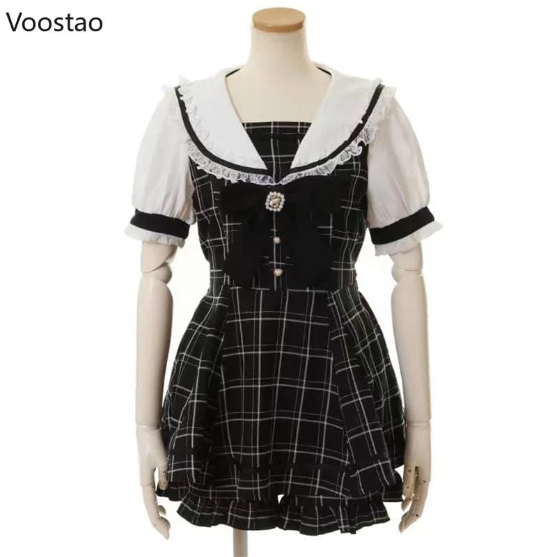 Eleganza Italiana Japanese Gothic Y2k Lolita Plaid Dress Shorts Set Women Sweet Bow Sailor Collar Puff Sleeve Party Dresses Female A-Line Dress Streetwear high fashion shein amazon temu target Walmart online