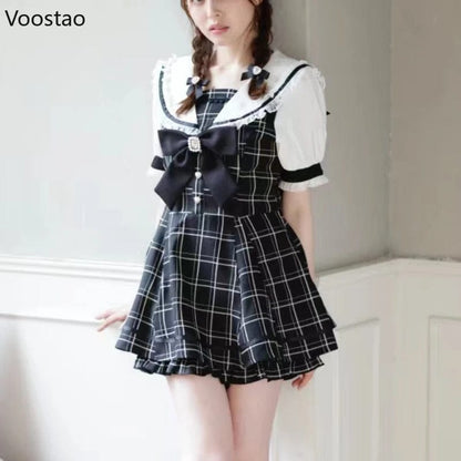 Eleganza Italiana Japanese Gothic Y2k Lolita Plaid Dress Shorts Set Women Sweet Bow Sailor Collar Puff Sleeve Party Dresses Female A-Line Dress Streetwear high fashion shein amazon temu target Walmart online