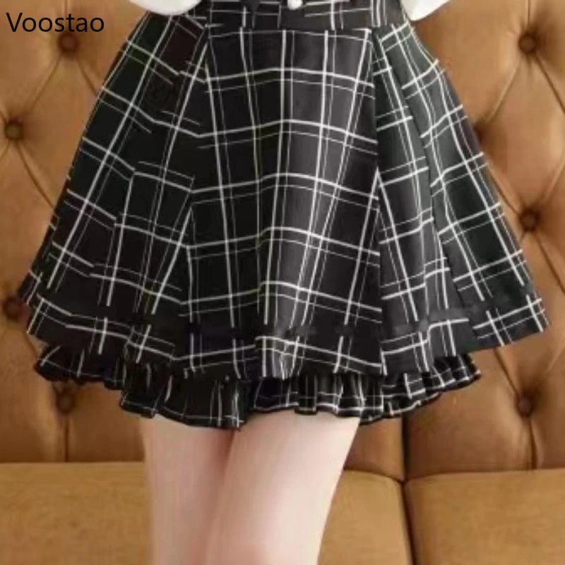 Eleganza Italiana Japanese Gothic Y2k Lolita Plaid Dress Shorts Set Women Sweet Bow Sailor Collar Puff Sleeve Party Dresses Female A-Line Dress Streetwear high fashion shein amazon temu target Walmart online