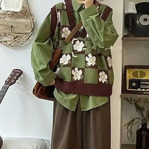 Eleganza Italiana Japanese sweet flower jacquard sweater knitted vest vest + green shirt two female students joker suit korean sweater y2k femme Streetwear high fashion shein amazon temu target Walmart online