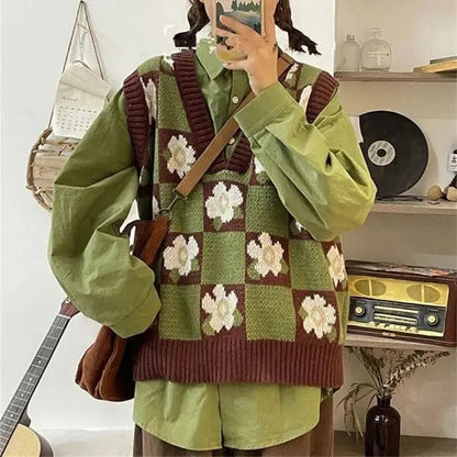 Eleganza Italiana Japanese sweet flower jacquard sweater knitted vest vest + green shirt two female students joker suit korean sweater y2k femme Streetwear high fashion shein amazon temu target Walmart online