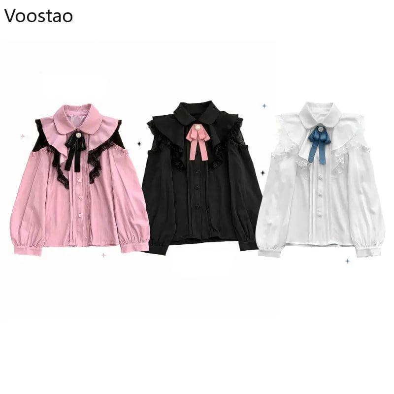 Eleganza Italiana Japanese Sweet Lolita Shirt Women Casual Hollow Out Long Sleeve Tops Kawaii Ruffles Lace Bow Blouses Girls Cute Y2k Blusa Mujer Streetwear high fashion shein amazon temu target Walmart online