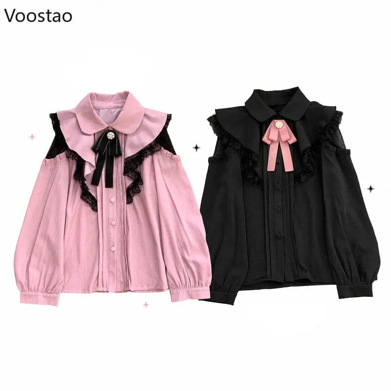 Eleganza Italiana Japanese Sweet Lolita Shirt Women Casual Hollow Out Long Sleeve Tops Kawaii Ruffles Lace Bow Blouses Girls Cute Y2k Blusa Mujer Streetwear high fashion shein amazon temu target Walmart online