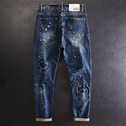 Eleganza Italiana Jeans for Men Cropped Ripped Tapered Male Cowboy Pants with Holes Trousers Broken Torn 90s Streetwear Clothes Y2k 2000s Casual Streetwear high fashion shein amazon temu target Walmart online