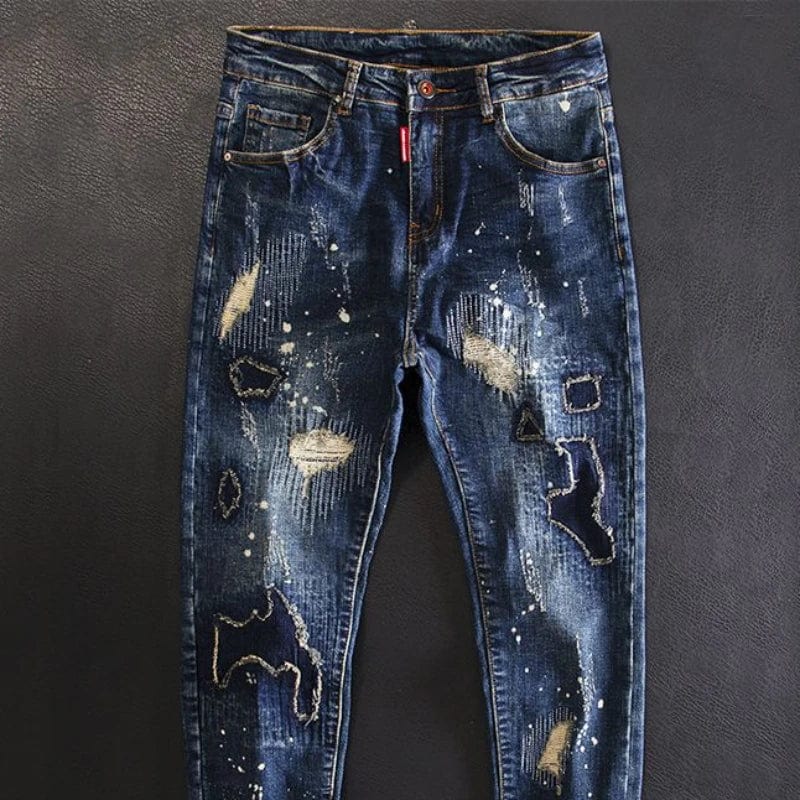 Eleganza Italiana Jeans for Men Cropped Ripped Tapered Male Cowboy Pants with Holes Trousers Broken Torn 90s Streetwear Clothes Y2k 2000s Casual Streetwear high fashion shein amazon temu target Walmart online