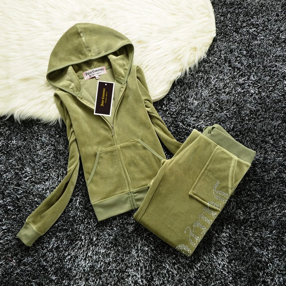 Eleganza Italiana JUICY COMETURE Velvet Tracksuit Women New Sports Suit 2024 Winter Casual Warm Hooded Jacket Y2K Women&