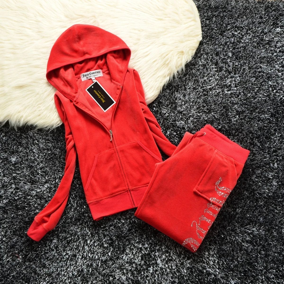 Eleganza Italiana JUICY COMETURE Velvet Tracksuit Women New Sports Suit 2024 Winter Casual Warm Hooded Jacket Y2K Women&