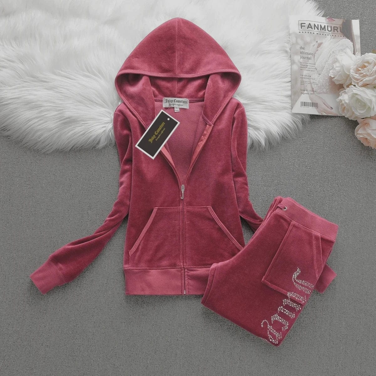 Eleganza Italiana JUICY COMETURE Velvet Tracksuit Women New Sports Suit 2024 Winter Casual Warm Hooded Jacket Y2K Women&