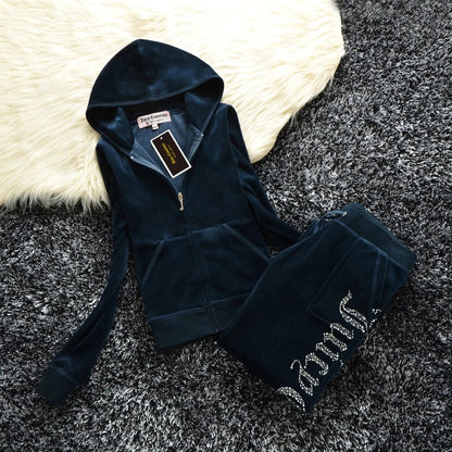 Eleganza Italiana JUICY COMETURE Velvet Tracksuit Women New Sports Suit 2024 Winter Casual Warm Hooded Jacket Y2K Women&