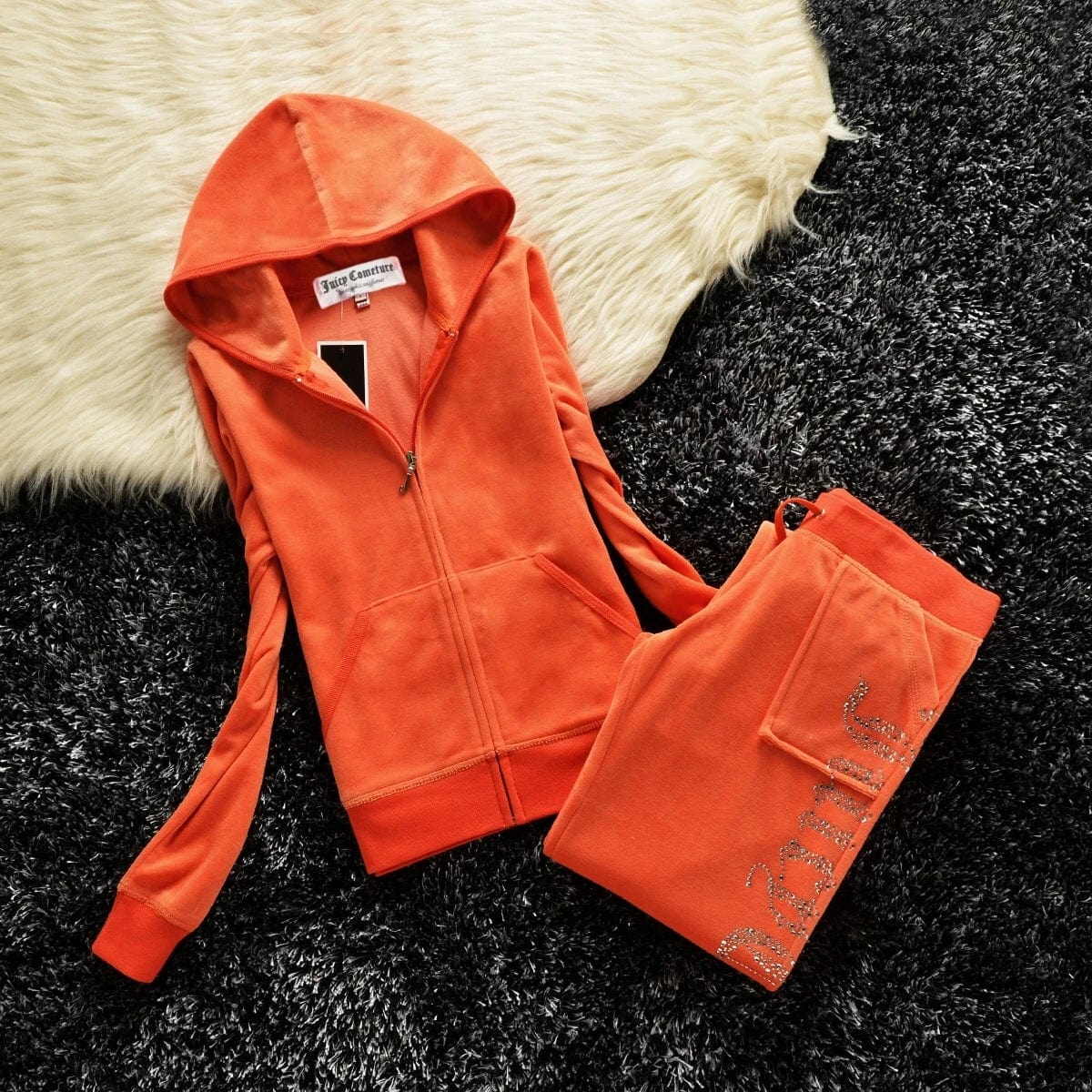 Eleganza Italiana JUICY COMETURE Velvet Tracksuit Women New Sports Suit 2024 Winter Casual Warm Hooded Jacket Y2K Women&