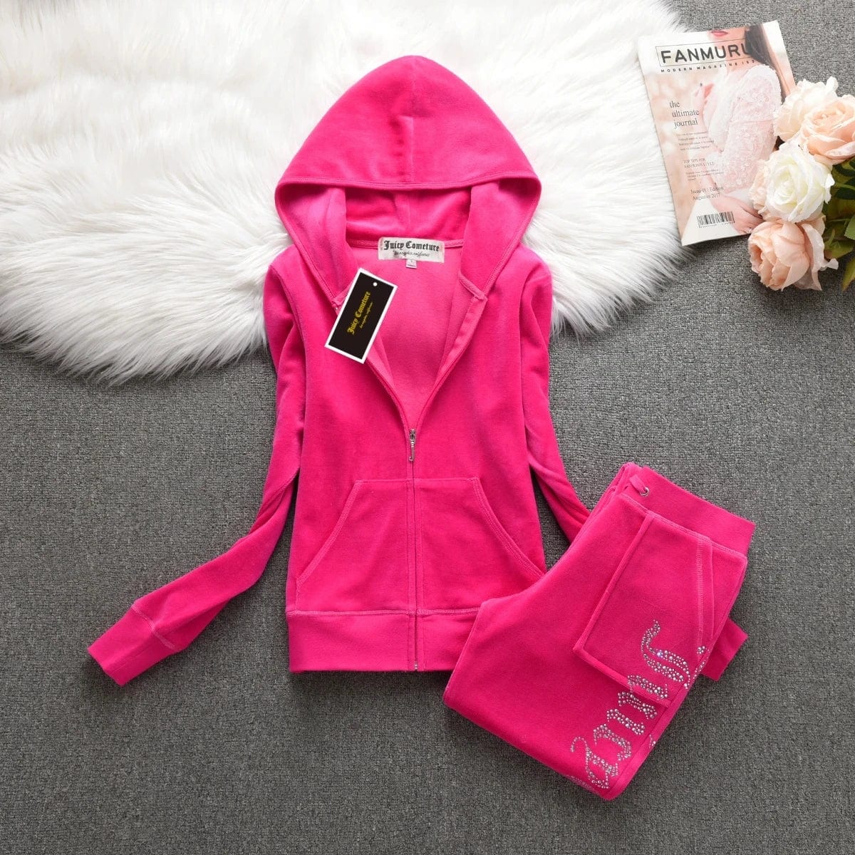 Eleganza Italiana JUICY COMETURE Velvet Tracksuit Women New Sports Suit 2024 Winter Casual Warm Hooded Jacket Y2K Women&