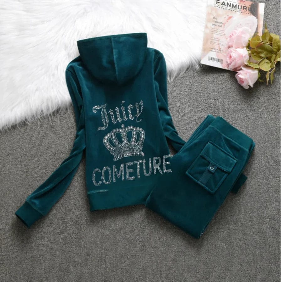 Eleganza Italiana JUICY COMETURE Velvet Tracksuit Women New Sports Suit 2024 Winter Casual Warm Hooded Jacket Y2K Women&