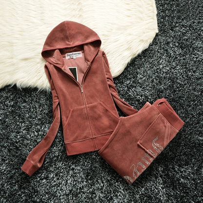 Eleganza Italiana JUICY COMETURE Velvet Tracksuit Women New Sports Suit 2024 Winter Casual Warm Hooded Jacket Y2K Women&