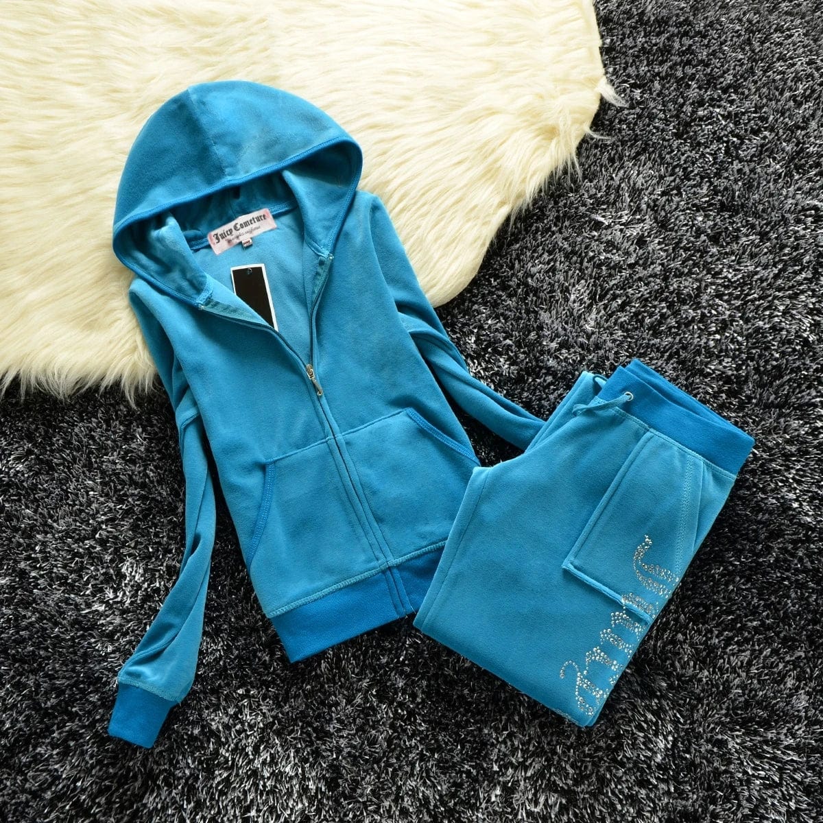 Eleganza Italiana JUICY COMETURE Velvet Tracksuit Women New Sports Suit 2024 Winter Casual Warm Hooded Jacket Y2K Women&