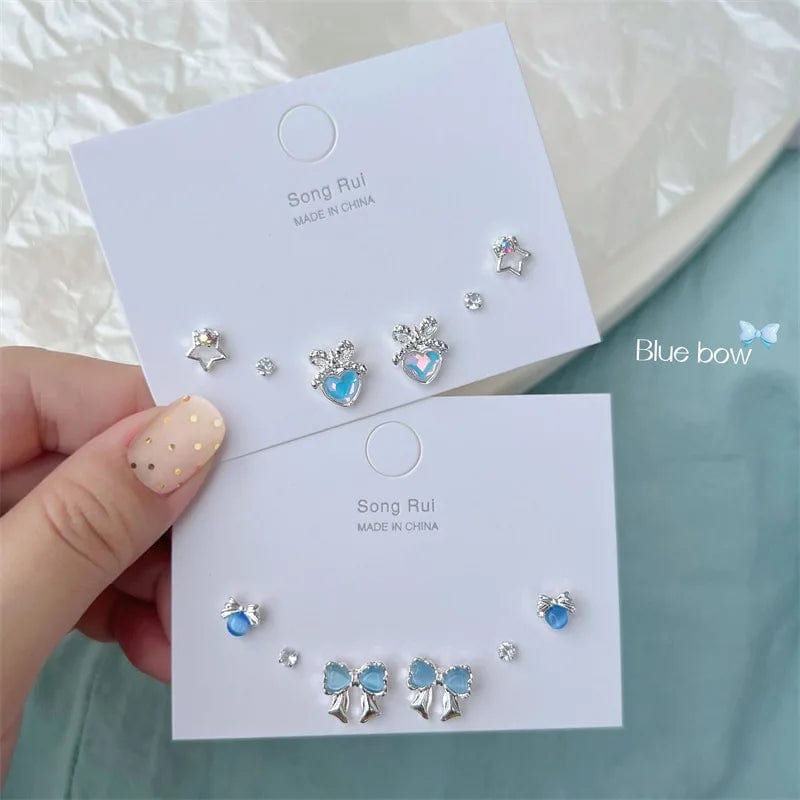 Eleganza Italiana KADRUFI Y2K Blue Colorful Bow-knot Heart Shape Rhinestone Stud Earrings Set Women Korean Fashion Cute Earring Jewelry brincos Streetwear high fashion shein amazon temu target Walmart online