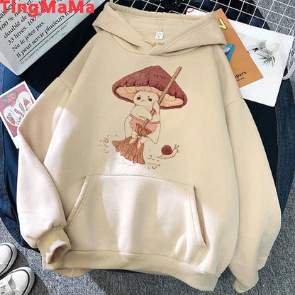 Eleganza Italiana Kawaii Mushroom Hoodies Women Cartoon Grunge Winter Warm Anime Graphic Streetwear Oversized Harajuku Unisex Sweatshirts Female Streetwear high fashion shein amazon temu target Walmart online