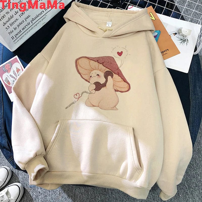 Eleganza Italiana Kawaii Mushroom Hoodies Women Cartoon Grunge Winter Warm Anime Graphic Streetwear Oversized Harajuku Unisex Sweatshirts Female Streetwear high fashion shein amazon temu target Walmart online