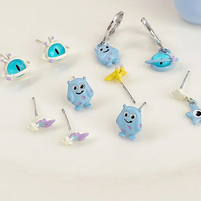 Eleganza Italiana Kiss Jewelry Cute Cartoon Monster Eyes Star Earrings Set for Women Goth Y2K Accessories Asymmetric Blue Opal Stud Earring Gift Streetwear high fashion shein amazon temu target Walmart online