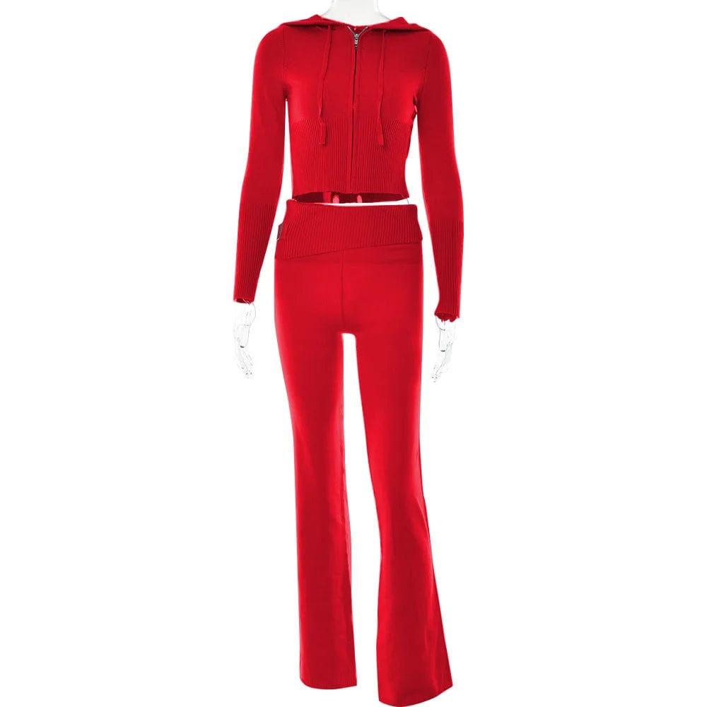 Eleganza Italiana Knitted 2 Piece Sets Women Tracksuit Long Sleeve Zipper Hooded Sweater Crop Top Flare Pants Stretch Matching Suit Outfit Streetwear high fashion shein amazon temu target Walmart online