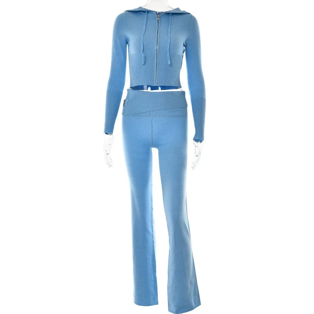 Eleganza Italiana Knitted 2 Piece Sets Women Tracksuit Long Sleeve Zipper Hooded Sweater Crop Top Flare Pants Stretch Matching Suit Outfit Streetwear high fashion shein amazon temu target Walmart online