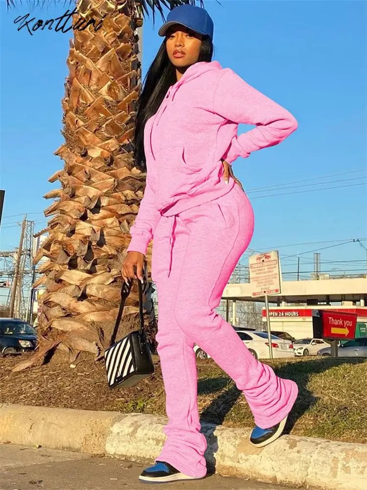 Eleganza Italiana Kontturi Fall Outfits Tracksuit Two 2 Piece Set For Women Long Sleeve Black Hoodies Casual Pink Solid Flare Pants Matching Sets Streetwear high fashion shein amazon temu target Walmart online