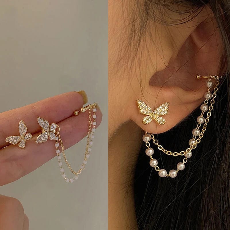 Eleganza Italiana Korean Elegant Cute Rhinestone Butterfly Tassel Earrings For Women Girls Fashion Metal Chain Boucle D&