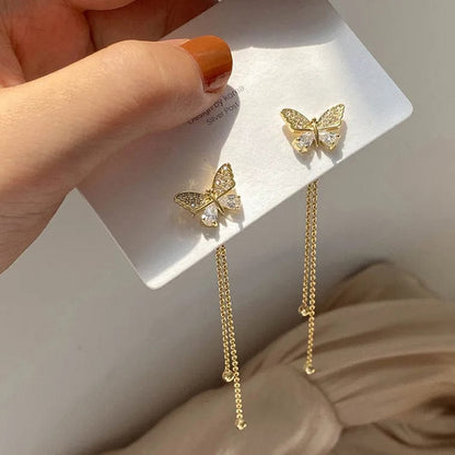 Eleganza Italiana Korean Elegant Cute Rhinestone Butterfly Tassel Earrings For Women Girls Fashion Metal Chain Boucle D&