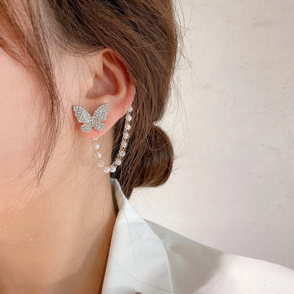 Eleganza Italiana Korean Elegant Cute Rhinestone Butterfly Tassel Earrings For Women Girls Fashion Metal Chain Boucle D&