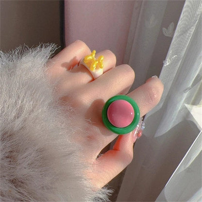 Eleganza Italiana Korean Fashion Bowknot Cherry Heart Geometric Square Resin Acrylic Rings Set for Women Flower Finger Ring Y2K Aesthetic Jewelry Streetwear high fashion shein amazon temu target Walmart online