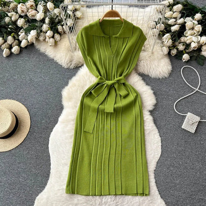 Eleganza Italiana Korean Fashion Solid Pleated Knitted Dress Women Loose Turn-down Collar Short Sleeve Long Dresses Vestidos Elegantes Para Mujer Streetwear high fashion shein amazon temu target Walmart online