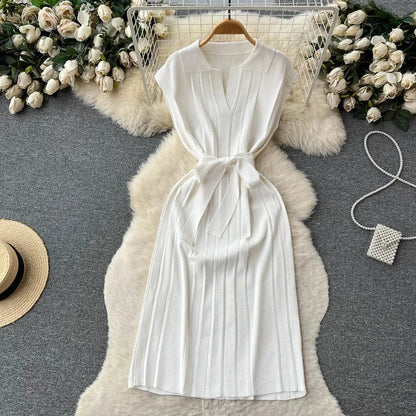 Eleganza Italiana Korean Fashion Solid Pleated Knitted Dress Women Loose Turn-down Collar Short Sleeve Long Dresses Vestidos Elegantes Para Mujer Streetwear high fashion shein amazon temu target Walmart online