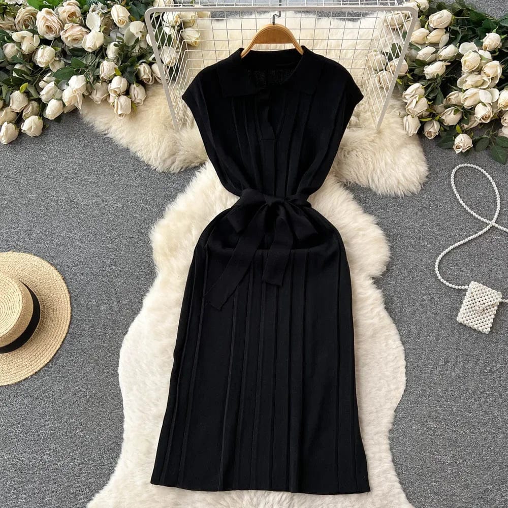 Eleganza Italiana Korean Fashion Solid Pleated Knitted Dress Women Loose Turn-down Collar Short Sleeve Long Dresses Vestidos Elegantes Para Mujer Streetwear high fashion shein amazon temu target Walmart online