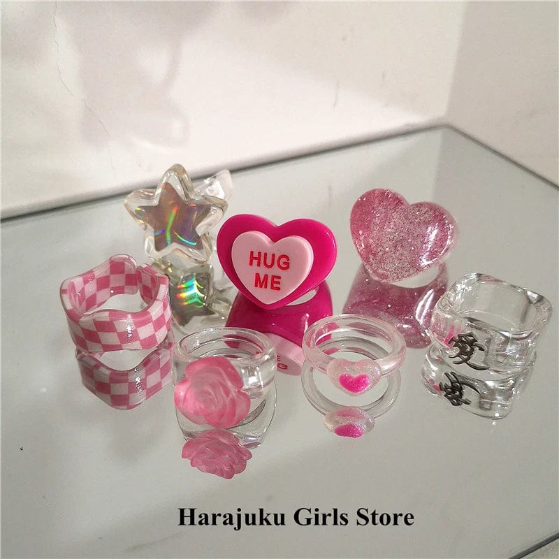 Eleganza Italiana Kpop Cute Goth Pink Transparent Flower Heart Star Resin Acrylic Rings Set For Women Egirl BFF Y2K Aesthetic Jewelry Accessories Streetwear high fashion shein amazon temu target Walmart online