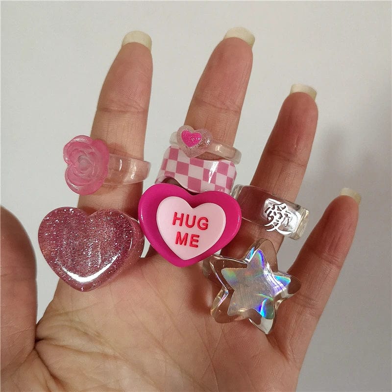 Eleganza Italiana Kpop Cute Goth Pink Transparent Flower Heart Star Resin Acrylic Rings Set For Women Egirl BFF Y2K Aesthetic Jewelry Accessories Streetwear high fashion shein amazon temu target Walmart online