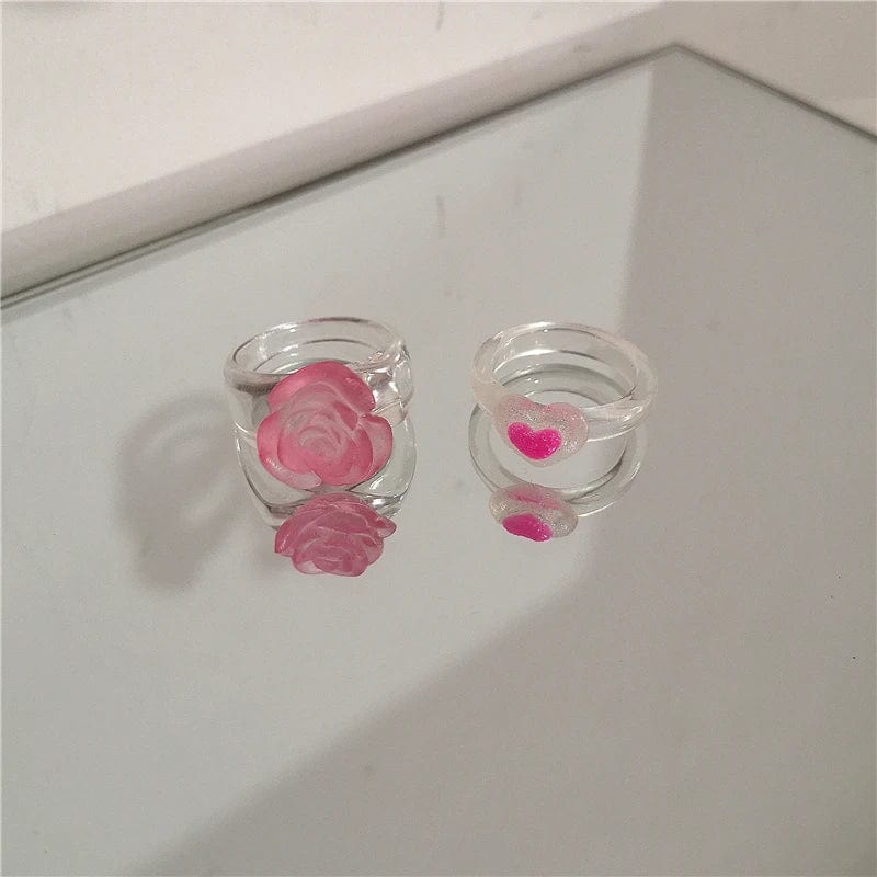 Eleganza Italiana Kpop Cute Goth Pink Transparent Flower Heart Star Resin Acrylic Rings Set For Women Egirl BFF Y2K Aesthetic Jewelry Accessories Streetwear high fashion shein amazon temu target Walmart online