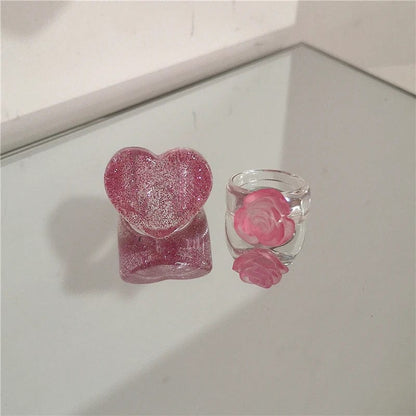 Eleganza Italiana Kpop Cute Goth Pink Transparent Flower Heart Star Resin Acrylic Rings Set For Women Egirl BFF Y2K Aesthetic Jewelry Accessories Streetwear high fashion shein amazon temu target Walmart online