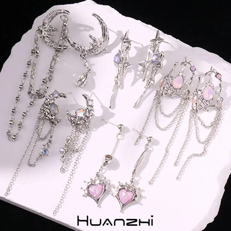 Eleganza Italiana Laser Stone Pink Love Heart Pendant Star Butterfly Long Tassel Drop Earrings for Women Cool Girl Y2K Jewelry HUANZHI NEW INS Streetwear high fashion shein amazon temu target Walmart online